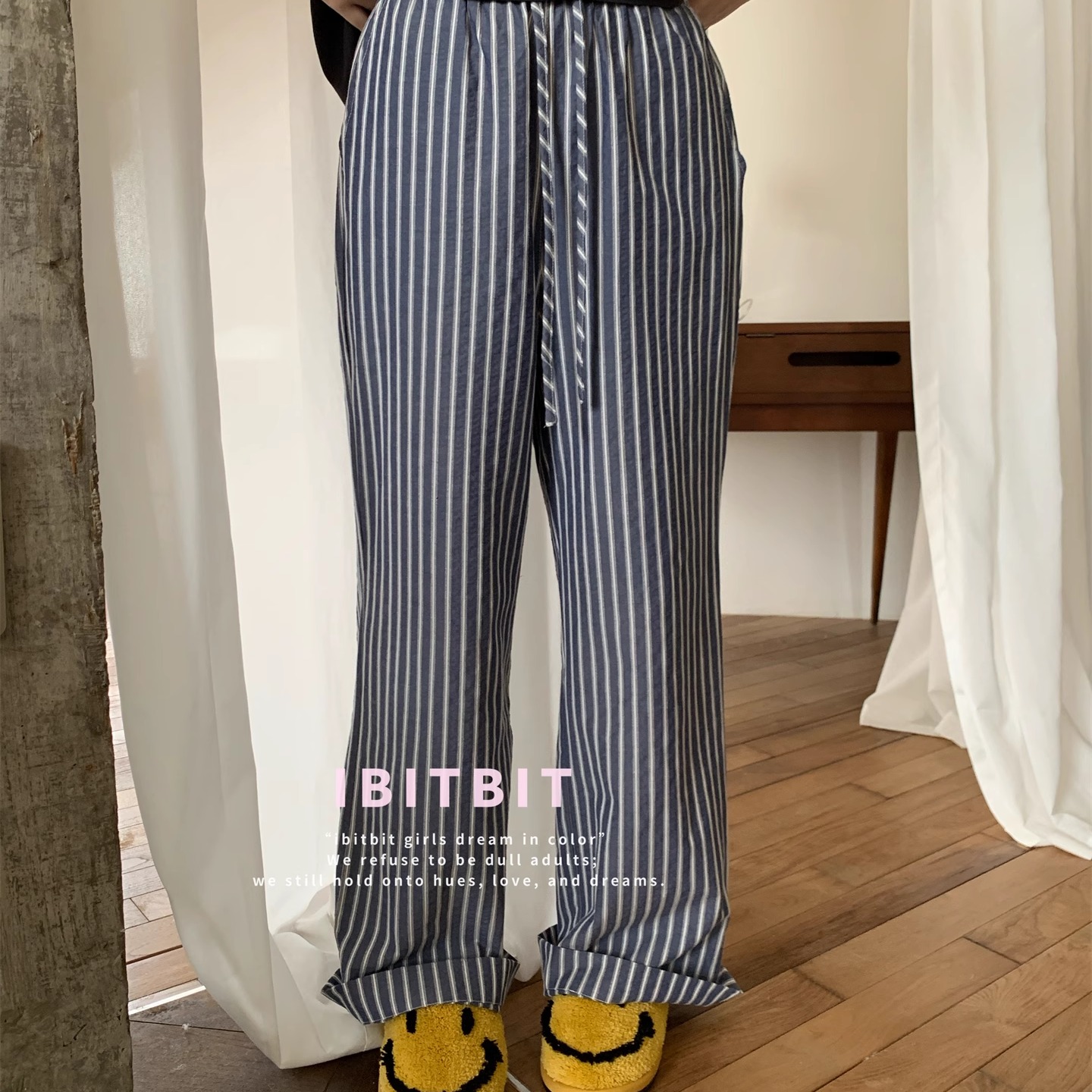 三色条纹宽松休闲韩系ins博主风纯棉百搭可外穿长裤睡裤家居服女