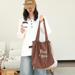 森系麻布包束口抽绳字母帆布包女托特单肩包质感麻布手提袋大容量