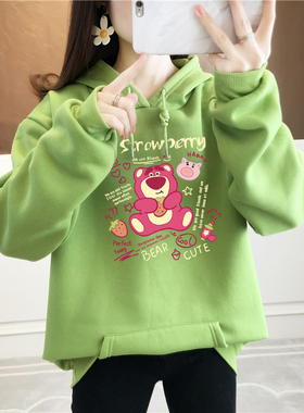 ins超火小熊加绒加厚卫衣女秋冬季休闲百搭宽松大码连帽套头外套