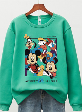 米奇加绒加厚卫衣女2022秋冬新款韩版潮ins大码宽松圆领无帽外套