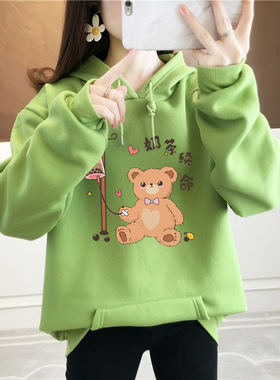 小熊卫衣女秋冬季2022年新款宽松韩版连帽外套加绒加厚上衣ins潮