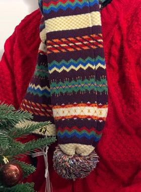 ins超火紫色提花毛球围巾彩虹色可爱复古围脖短款小众保暖秋冬厚