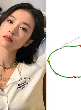 周雨彤同款项链彩色小花绿色串珠颈链女2022夏季新款小清新锁骨链