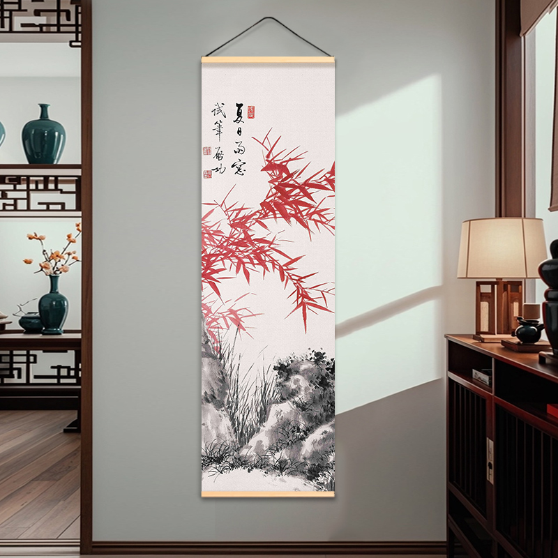 中式水墨竖版装饰挂画走廊书房楼梯简约竹叶山川墙面装饰布艺挂帘图片