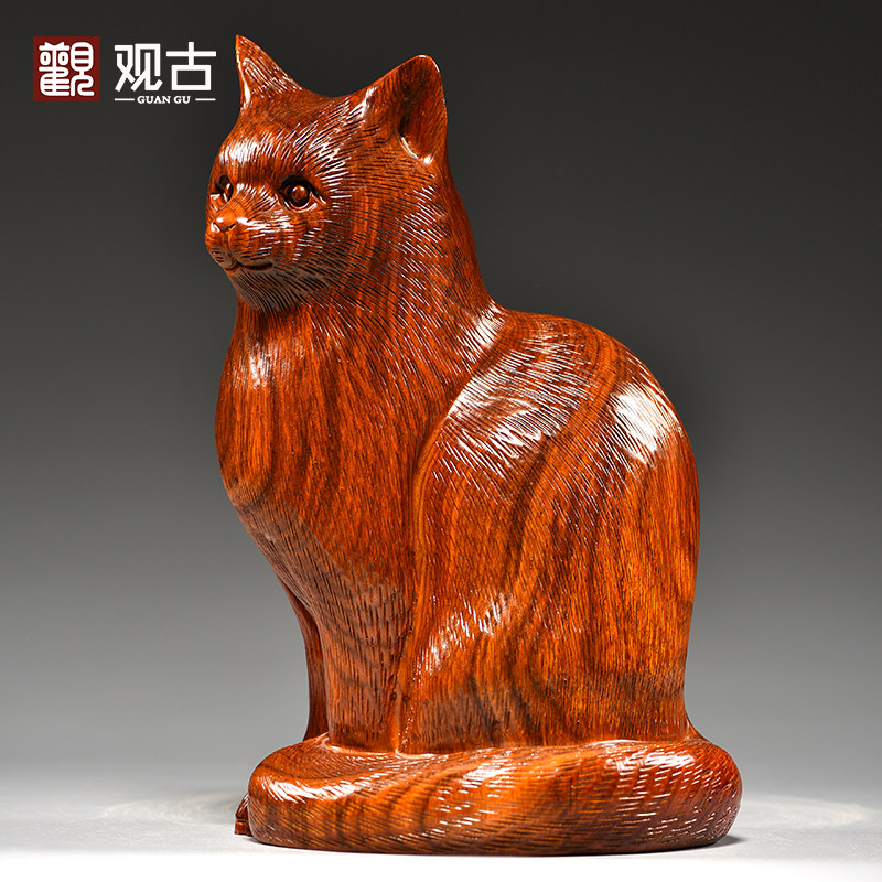 花梨木雕猫摆件吉祥动物可爱小猫红木家居装饰实木工艺品开业送礼