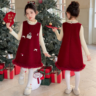 女童红色连衣裙套装秋冬款时髦洋气新年衣服拜年服儿童装公主裙子