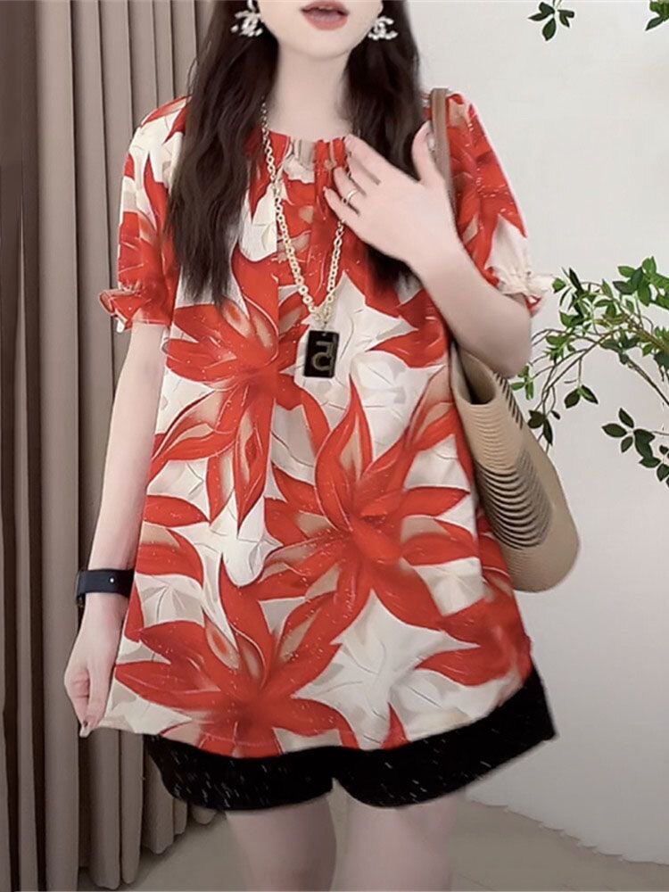 洋气红色凤凰花色雪纺中长款t恤女短袖夏薄款缎面垂坠感宽松上衣