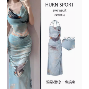 高级感比基尼三件套泳衣女夏遮肚显瘦长裙纯欲风少女度假分体泳装