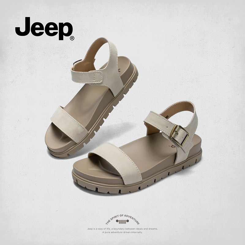 jeep凉鞋女款2025新款夏季镂空露趾一字带平底气质罗马凉鞋配裙子