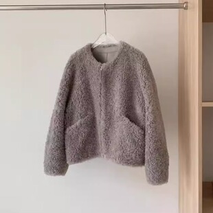 韩系圆领100绵羊羔毛拉链冬季新款羊剪绒皮毛一体皮草外套女短款
