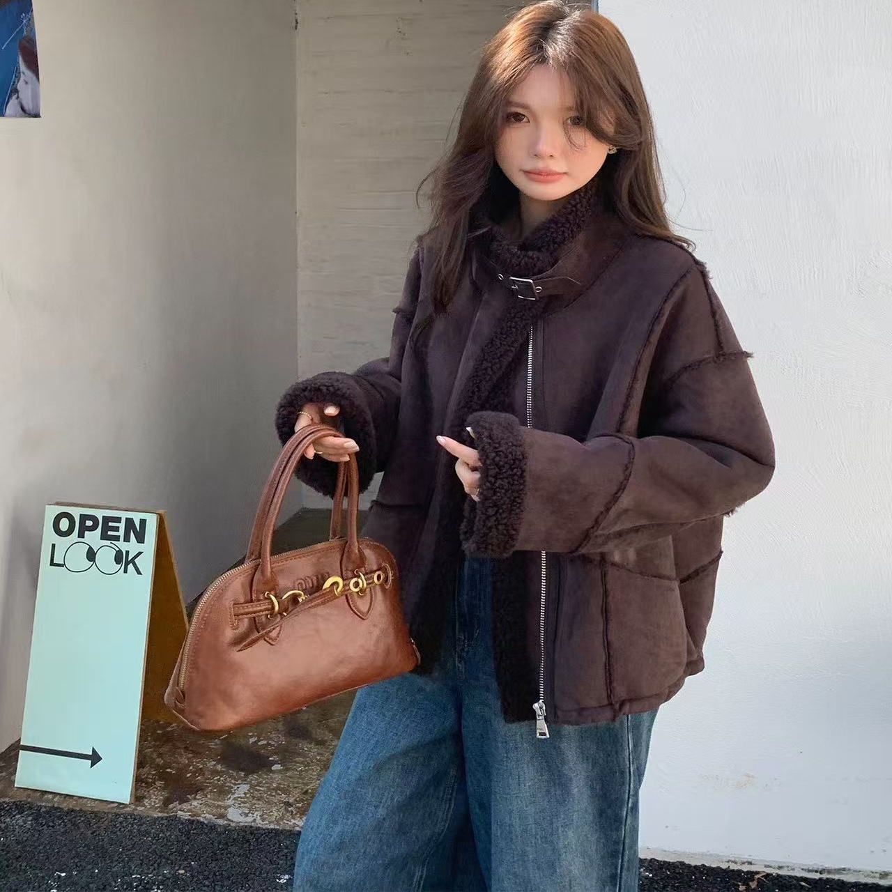 2025新款年轻羊羔毛皮草外套女短款麂皮绒皮毛一体夹克休闲机车服