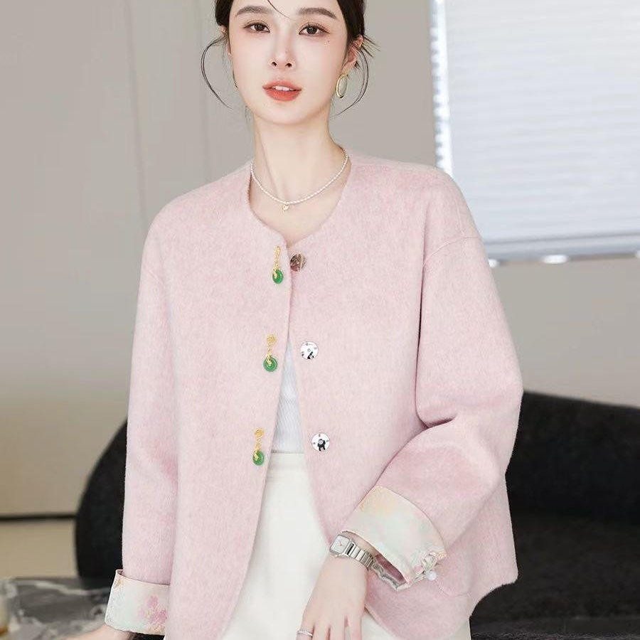 国风新中式复古双面羊绒大衣女短款2024春秋新款圆领羊毛呢子外套