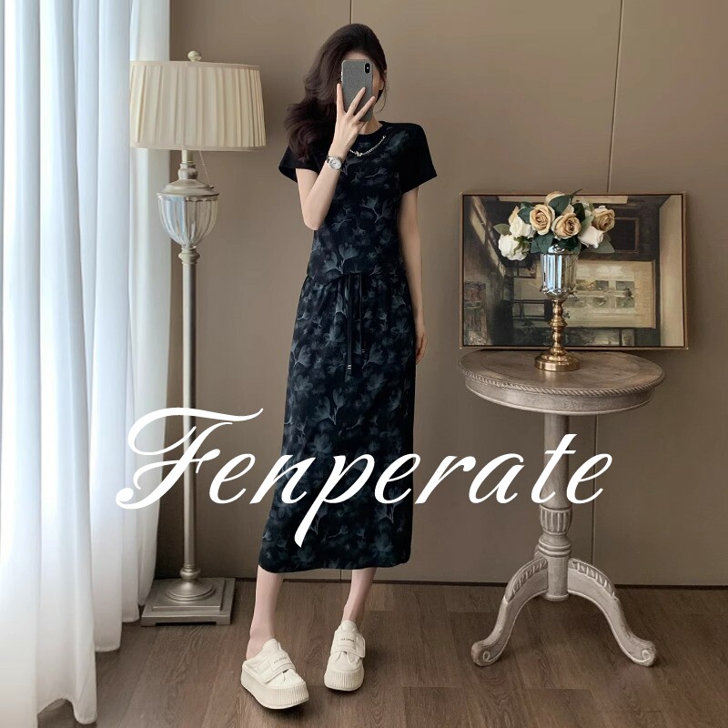 FENPERATE休闲运动套装裙女夏季新中式国风印花短袖半身裙两件套