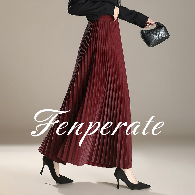 FENPERATE红色垂顺百褶半身裙女2026春夏新款休闲大摆裙及踝长裙