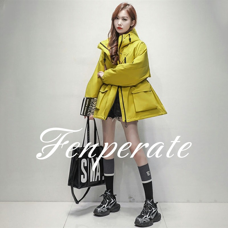 FENPERATE户外防水冲锋衣女中长款春秋新款收腰连帽工装风衣外套