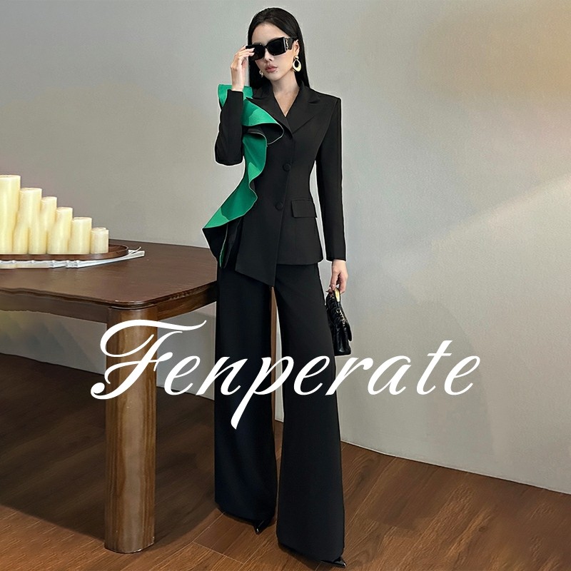FENPERATE时尚拼色荷叶边修身长袖西装女秋季高腰阔腿长裤两件套