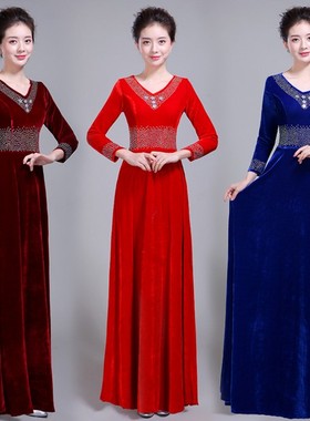 新款金丝绒大合唱礼服演出服女长裙成人中老年合唱团指挥服晚礼服