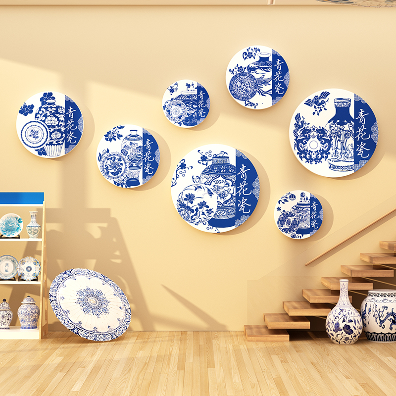 青花瓷环创材料幼儿园墙面装饰中国传统非遗文化主题成品楼梯贴纸图片