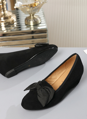 正品真皮德国Golbor女鞋2025春新款圆头坡跟蝴蝶结软底单鞋25.364