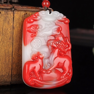 天然和田玉三阳开泰玉牌吊坠男女和田鸡血玉吉祥如意玉羊项链挂件