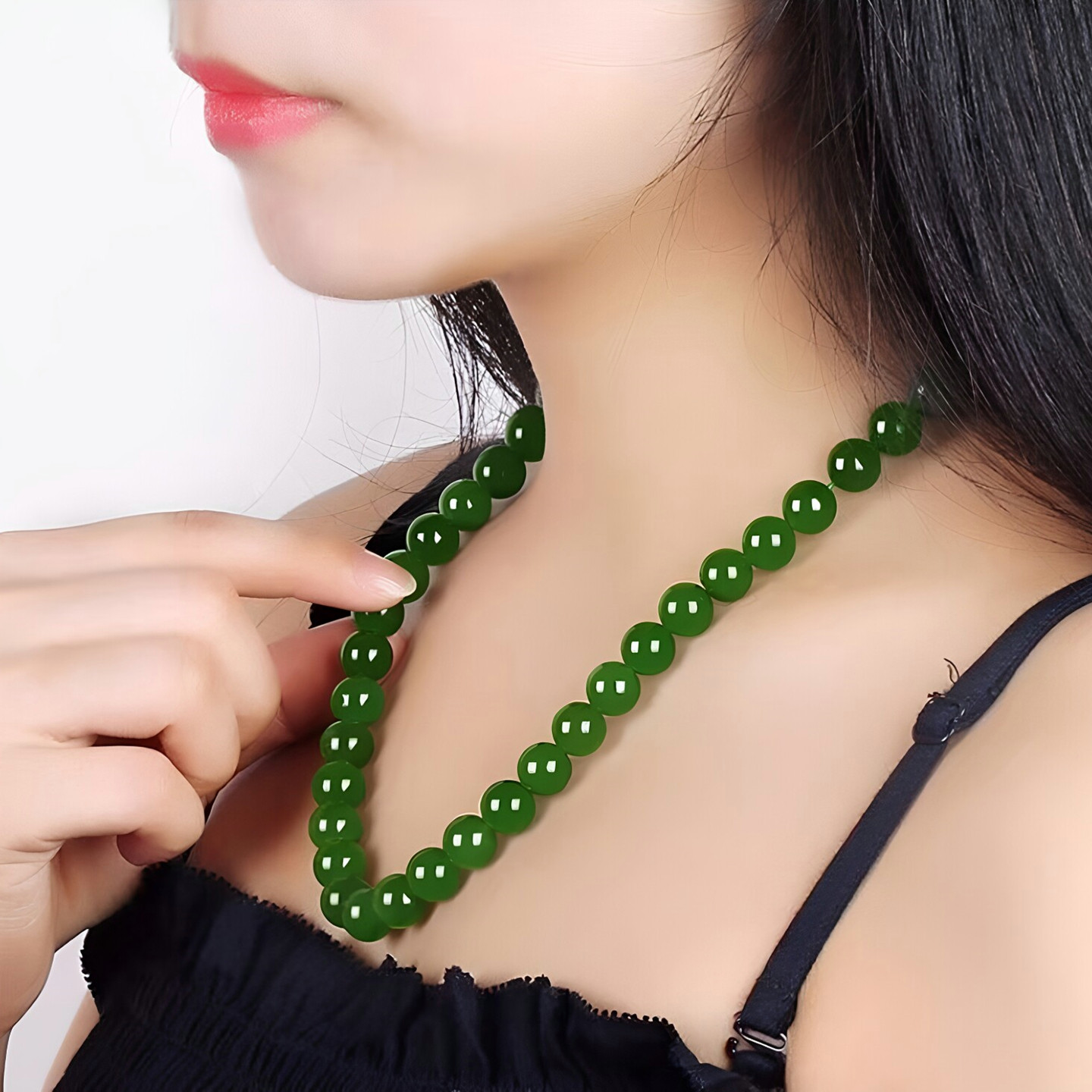 天然新疆和田玉碧玉圆珠项链玉链菠菜绿玉石女款锁骨链项链毛衣链
