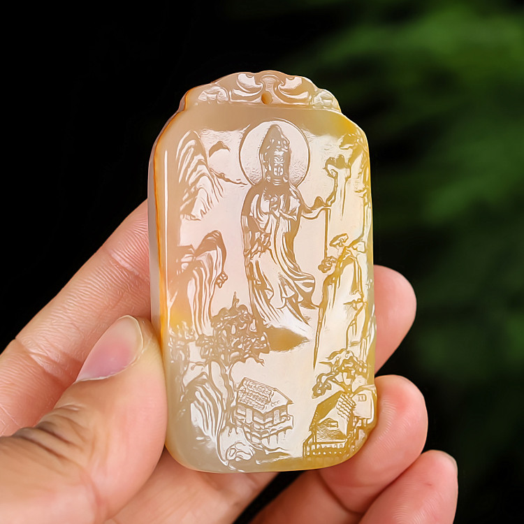 天然和田玉山水观音玉牌吊坠大号挂件菩萨玉佛青白玉籽料平安牌
