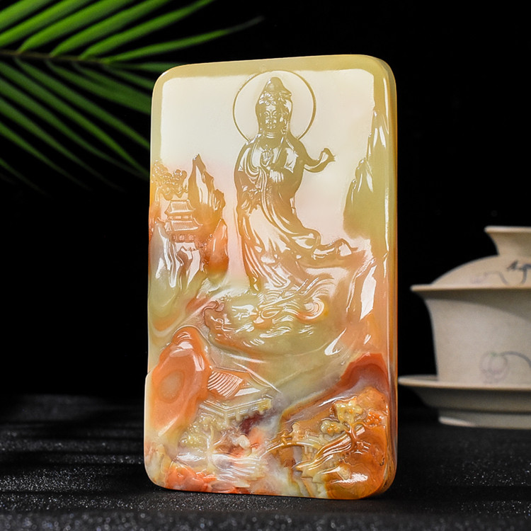 新疆玉器和田玉青白玉籽料观音玉牌挂件把玩件精雕观音菩萨手把件