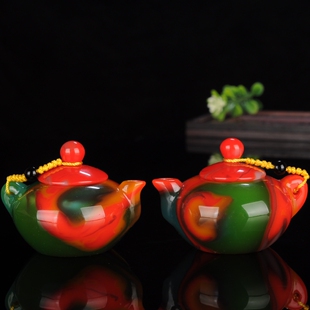 天然新疆和田玉茶壶彩玉玉石茶具把把壶酒壶酒具彩玉壶手把件