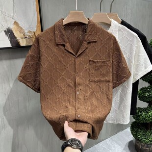 古巴领镂空冰丝衬衫男夏季薄款透气凉感发型师穿搭设计感短袖衬衣