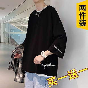 夏季七分袖t恤男短袖加肥加大码宽松6分中袖胖子肥佬冰丝半袖上衣