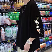 短袖 男t恤夏季 加肥加大码 新中式 宽松国风潮牌冰丝六七分袖 上衣服