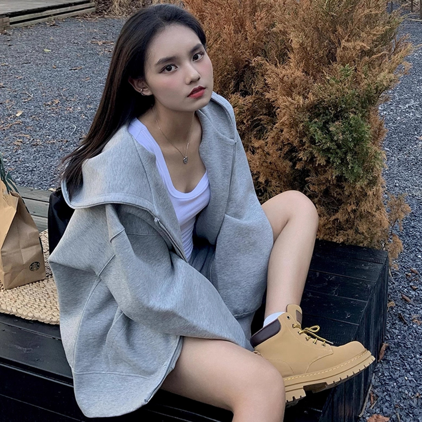 秋冬重磅宽松连帽美式复古卫衣女