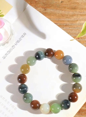 天然新疆和田玉楼兰三色手串老型珠男女款多彩手链单圈玉石