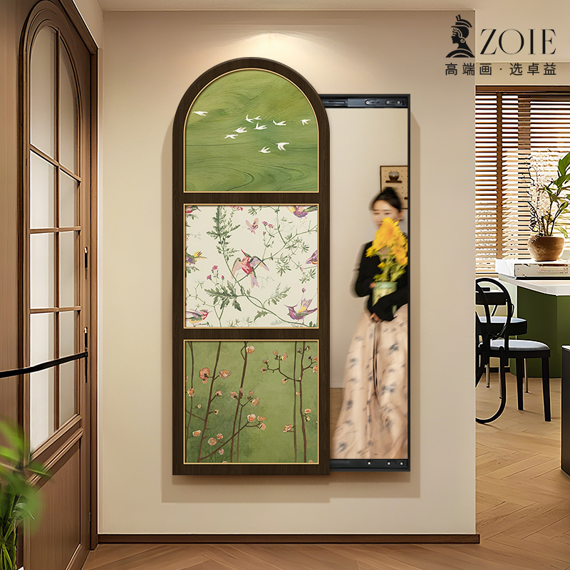 绿色风景玄关装饰画 画镜子隐藏式可关闭推拉全身镜家用隐形全身