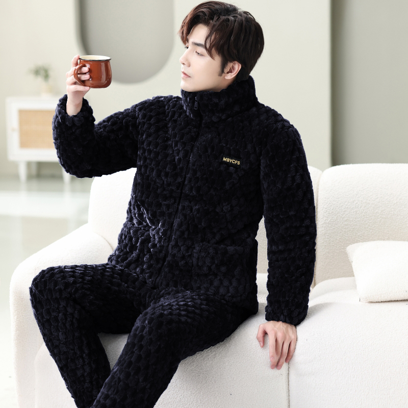 三层法兰绒夹棉家居服保暖夹棉