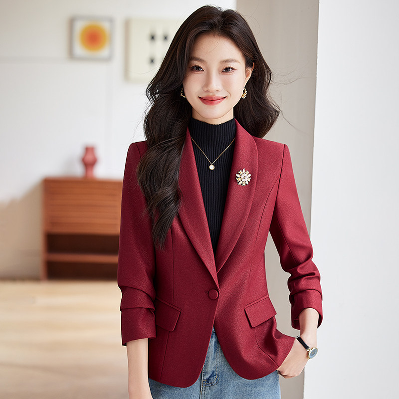 酒红色小个子西装外套女春秋2024新款气质修身短款女士小西服上衣