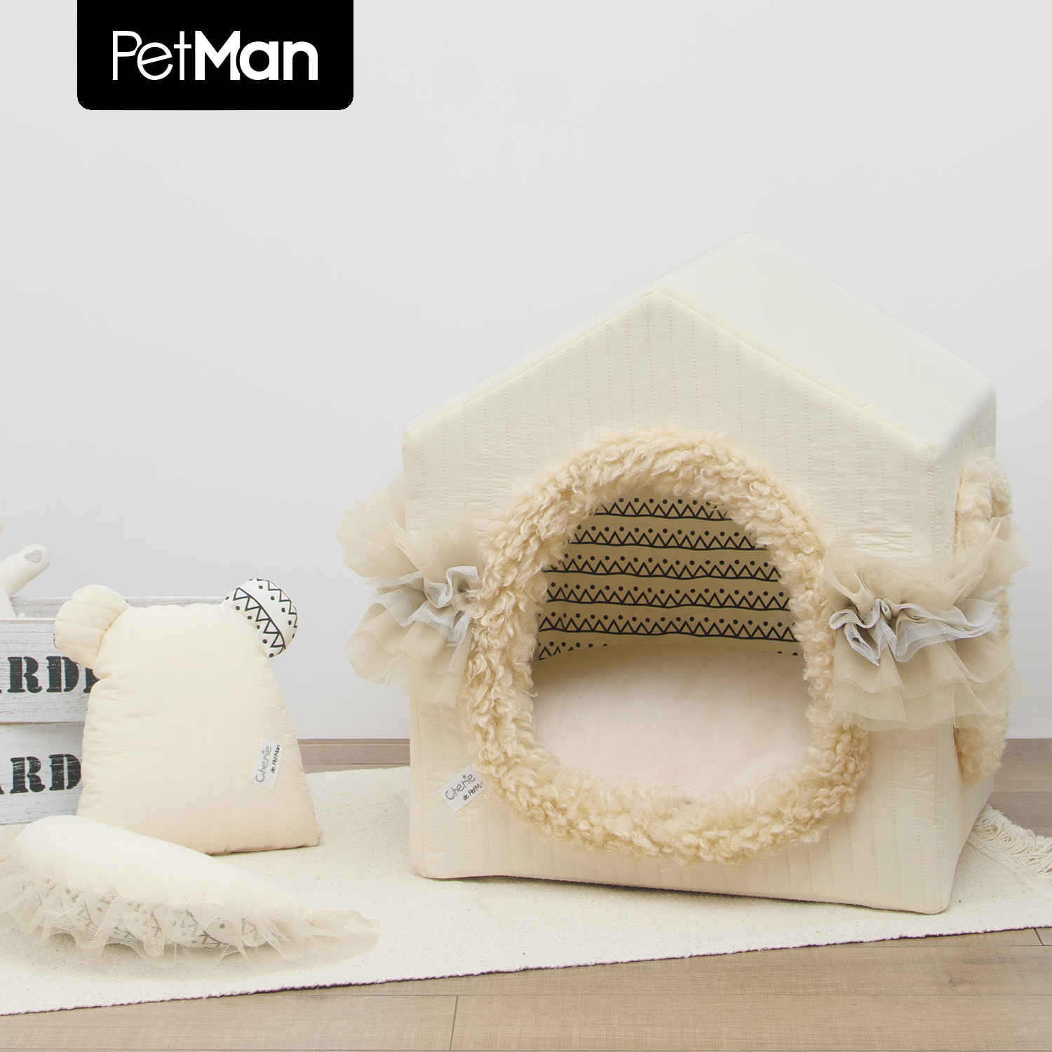 PetMan元气熊熊宠物窝侘寂奶油风床加厚猫狗窝含2个枕头宠物小屋