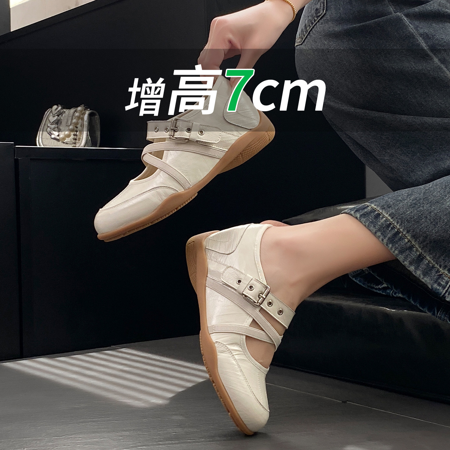7cm内增高单鞋女2026新款春夏厚底交叉带浅口玛丽珍休闲镂空凉鞋