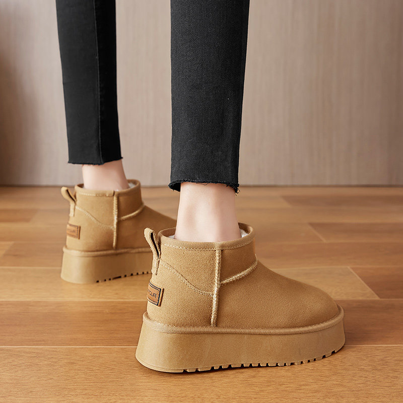 旅町记厚底雪地靴女2025年新款防水短筒内增高冬保暖加绒面包棉鞋