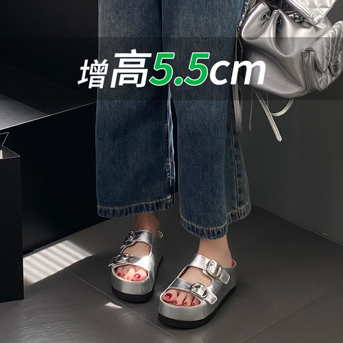 厚底增高勃肯凉鞋女2026夏季外穿双带扣舒适休闲百搭露趾银色拖鞋