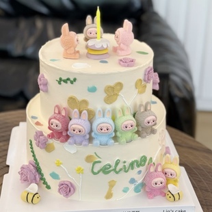 网红卡通儿童烘焙装饰气球彩色bubu蛋糕摆件坐姿小兔子生日插件