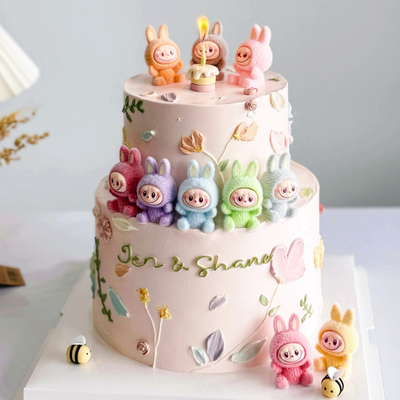 网红马卡龙彩色软胶植绒布布labubu蛋糕装饰摆件儿童生日烘焙装扮