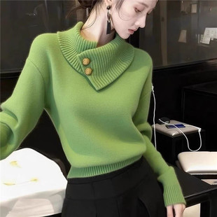 法式高级感牛油果绿色高领毛衣女冬季加厚保暖内搭针织衫小众上衣