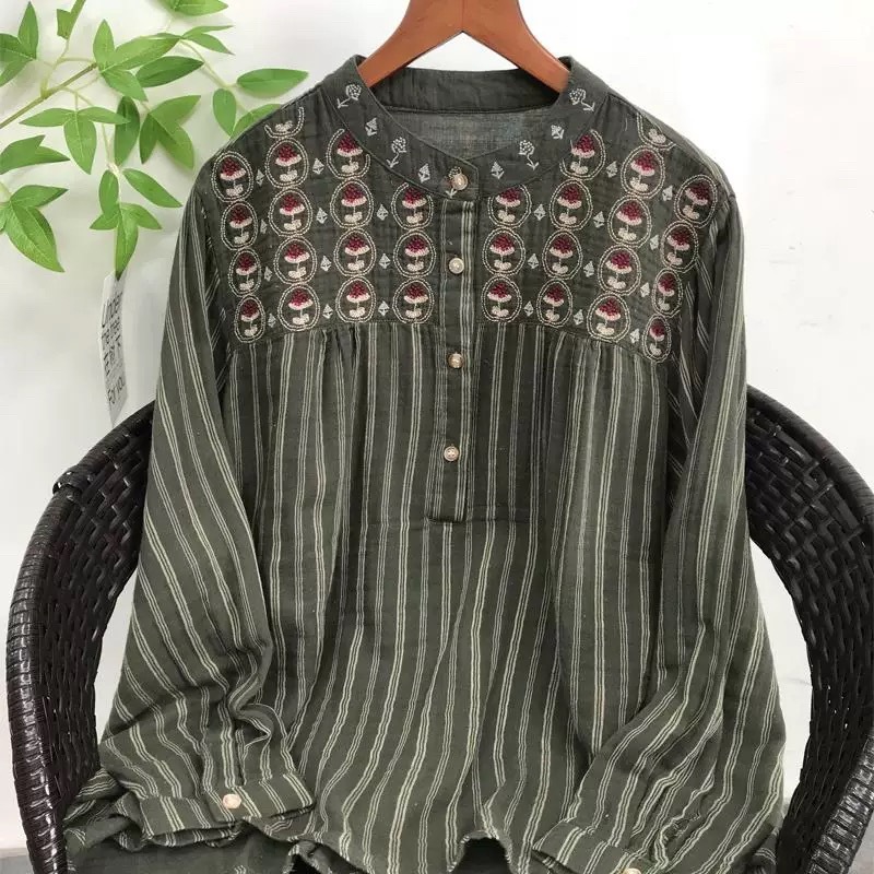 速达衣岩红专柜2024秋季新款上衣气质立领绣上衣 宽松棉纱衬衫女