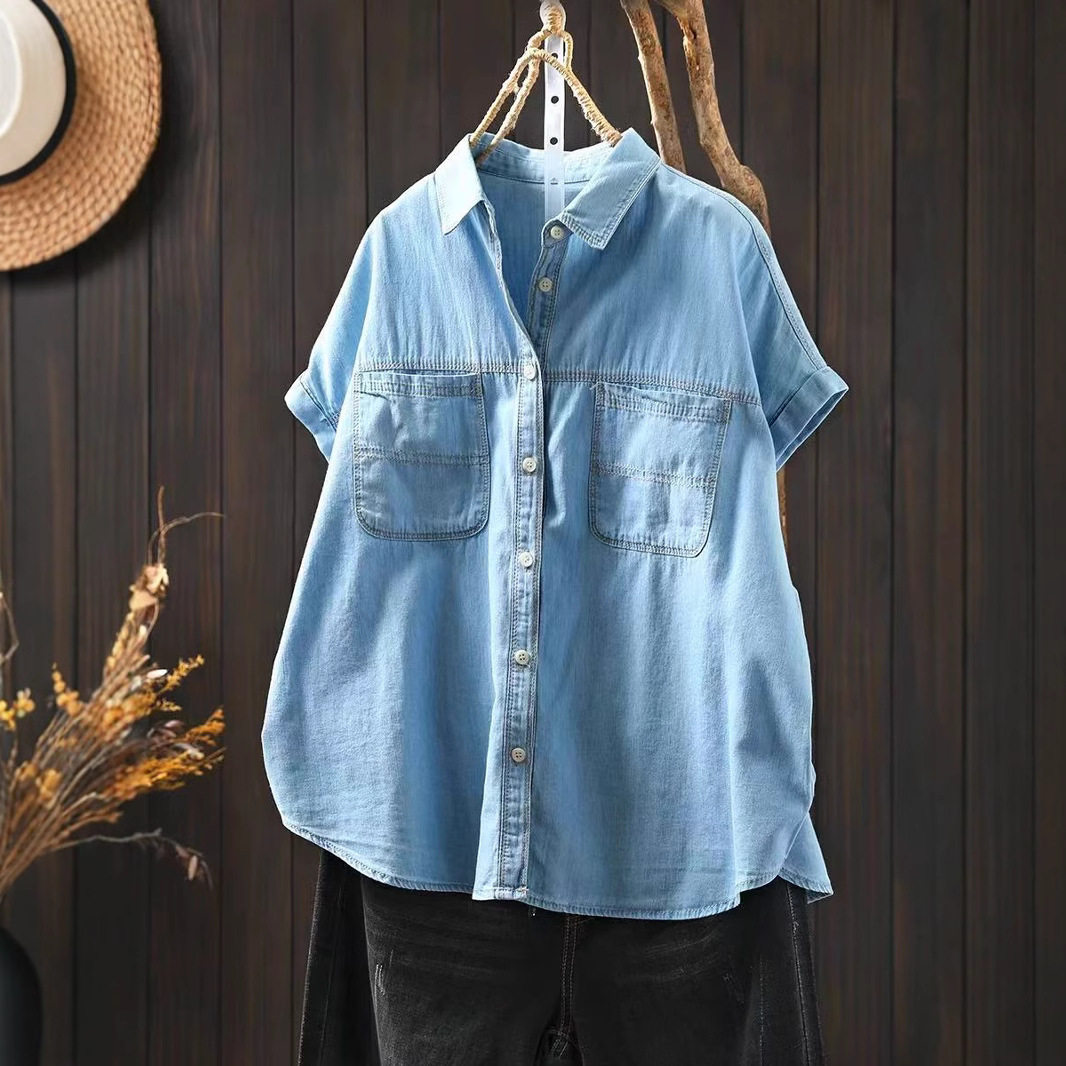 速达衣岩红专柜2025夏季新款复古短袖棉牛仔衬衫女士薄款宽松休闲