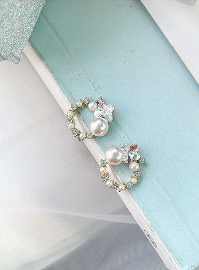 韩国进口圆环耳环重工仿珍珠水钻百搭气质耳钉小巧淑女小心机饰品