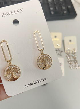 韩国进口耳环女小众设计感气质百搭钱币耳钉耳坠耳环耳饰金属感