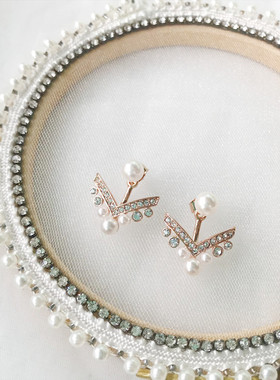 韩国东大门热销宋慧乔同款V字形水钻耳环气质珍珠925银针耳环