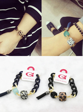 韩国进口Aznavour/GrainDeBeaute正品AZ豹纹方块皮革流苏个性手链