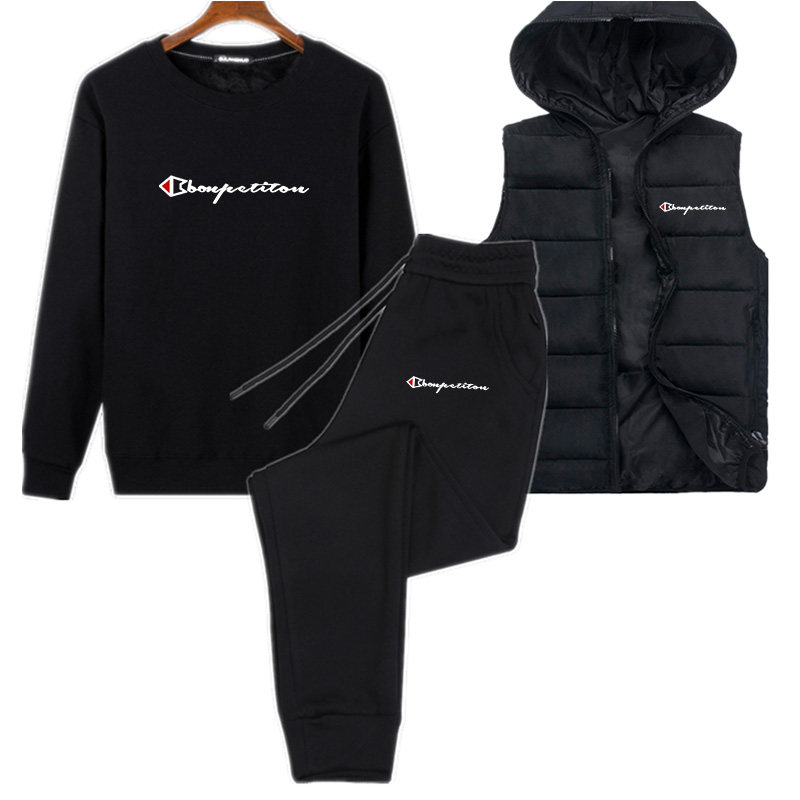 秋冬男士连帽马甲三件套圆领纯棉长袖卫衣卫裤套装加绒休闲运动装